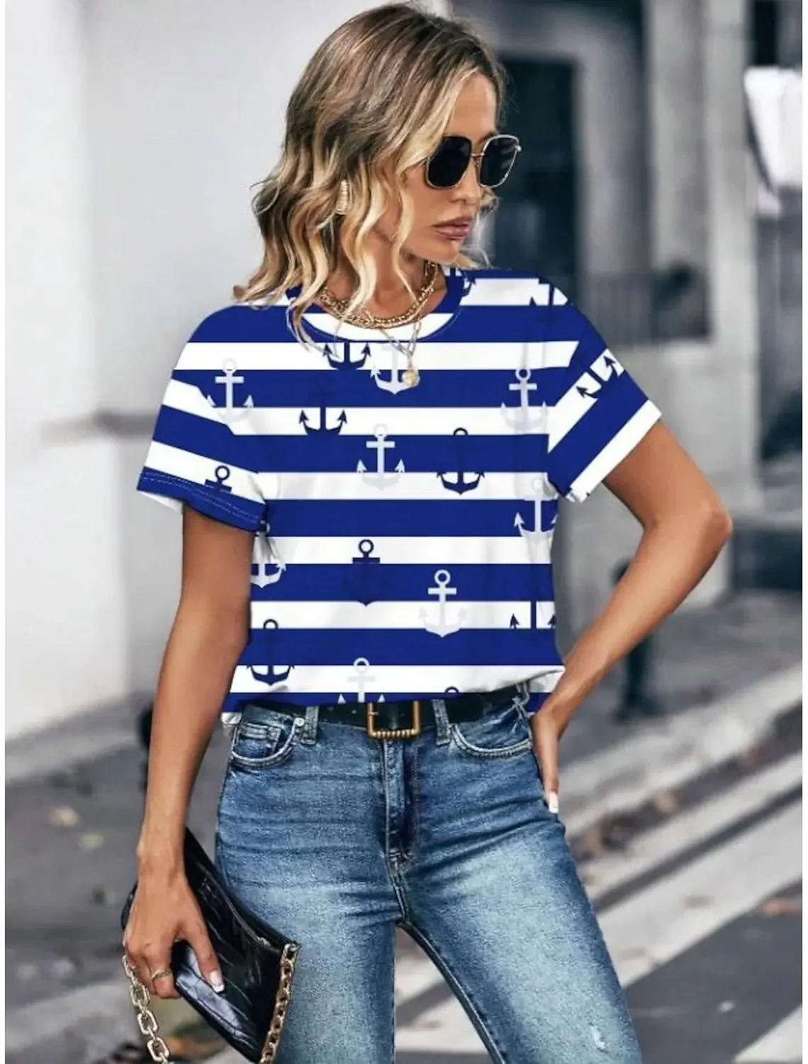 The Best-selling 3D-printed Boat Anchor T-shirt for Women Is a Summer O-collar Casual Classic and Fashionable Casual Women's Clo