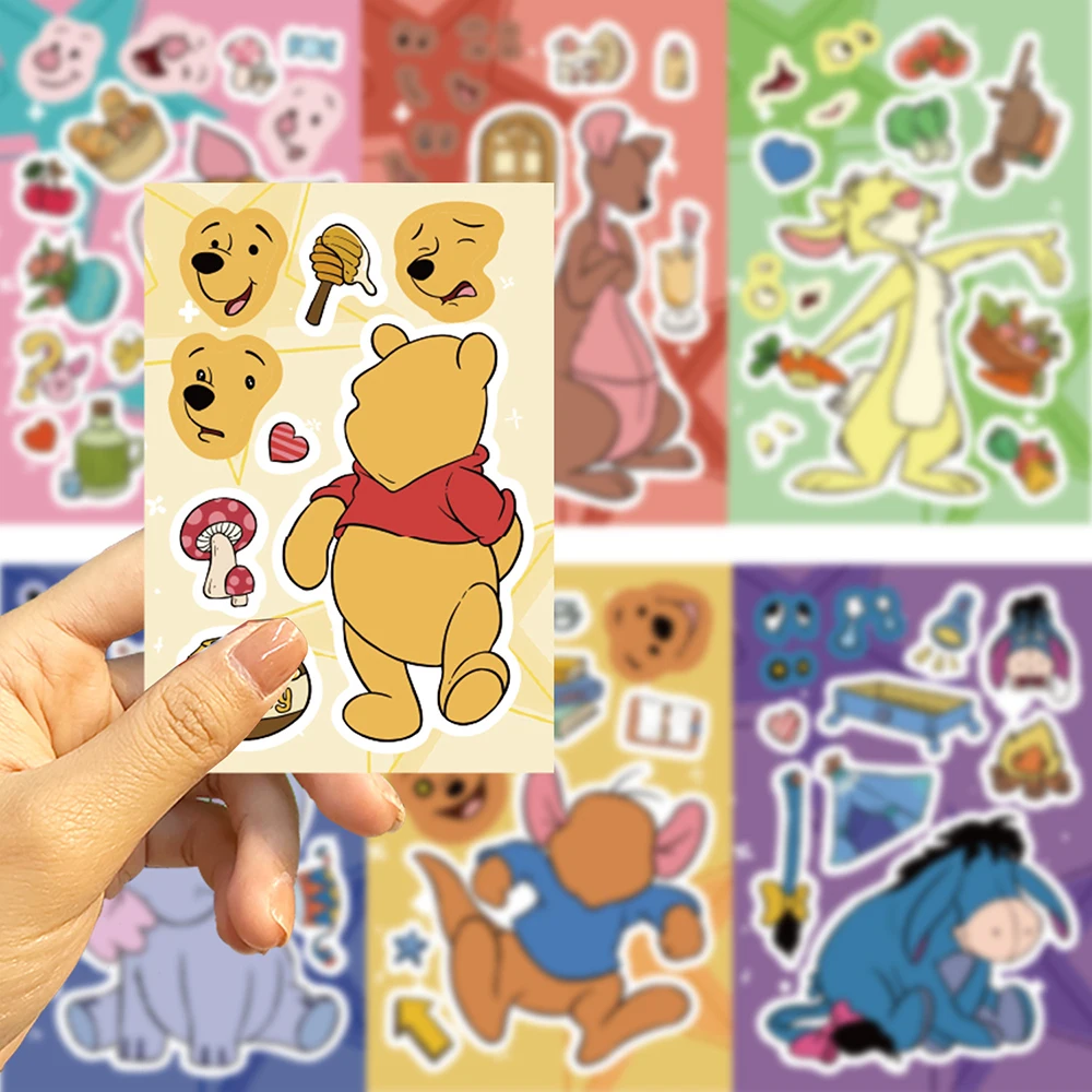 8/16Sheets Disney Pooh Bear Make a Face Puzzle Stickers Children Funny Jigsaw Assemble Toys Kids Games DIY Party Decoration Gift