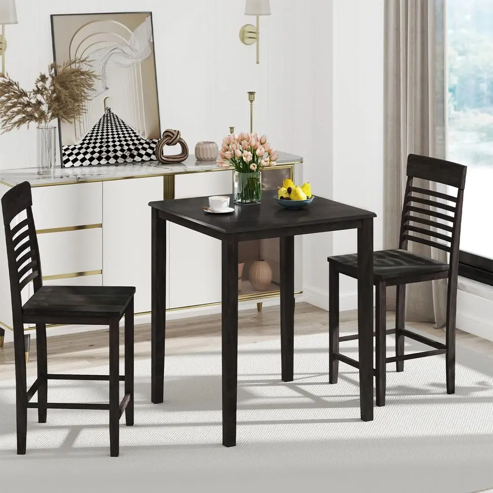 

3Piece Dining Table Set for 2, CounterHeight Square Kitchen Table and Chairs Set with Rubber Wood Frame, Curved Back, Footrest,