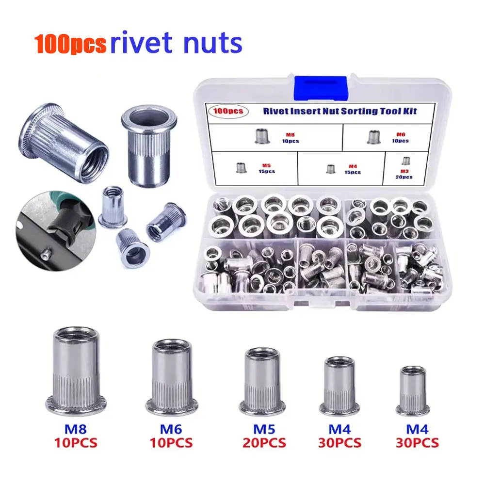 100PCS/150PCS AluminumNut Tool Kit Metric Combination Set Aluminum Knurled Flat Head Thread Insert Nut Set for DIY Projects