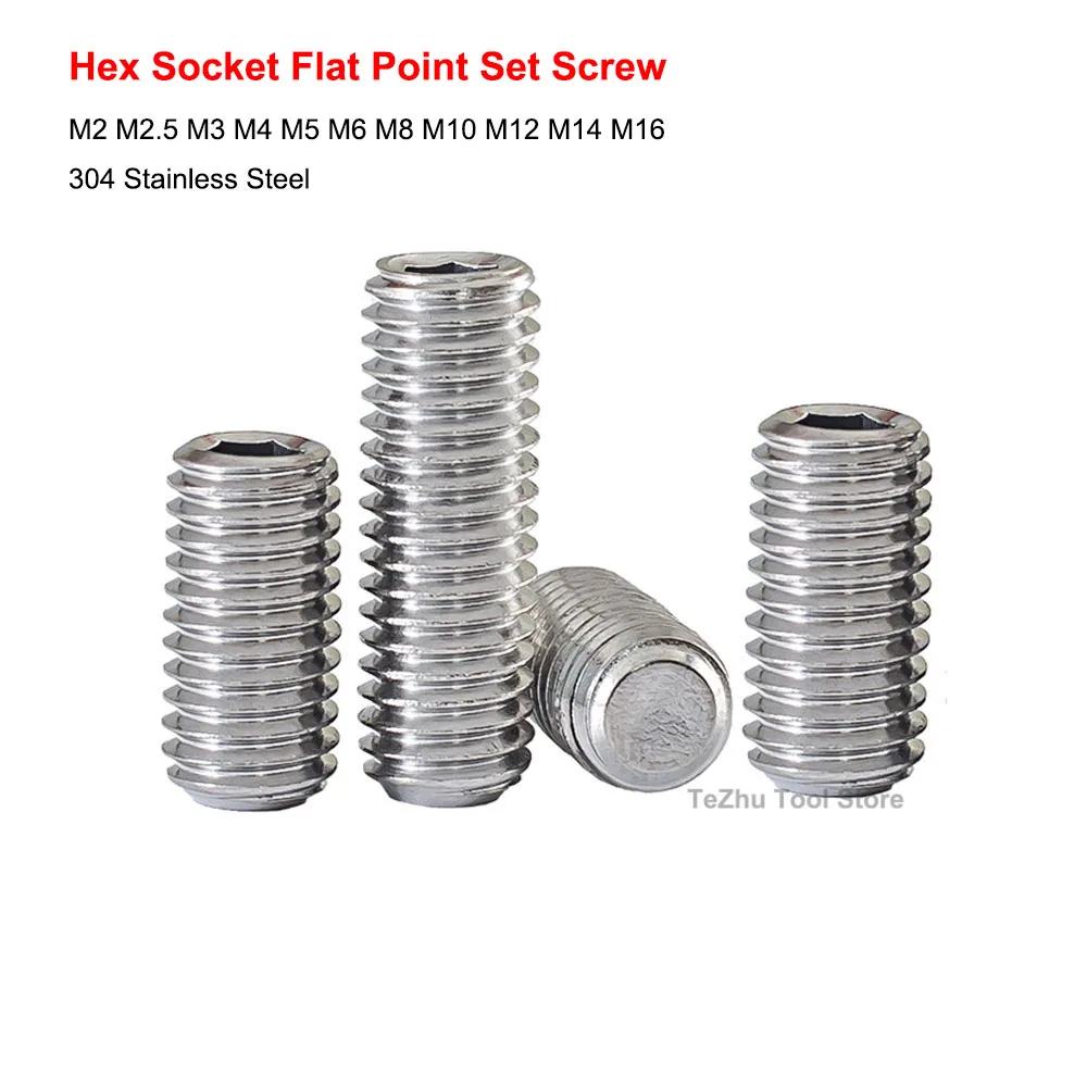 Hex Socket Set Screw Flat Point 304 Stainless Steel Grub Screw M2 M2.5 M3 M4 M5 M6 M8 M10 M12 M14 M16 End Grub Headless Bolt