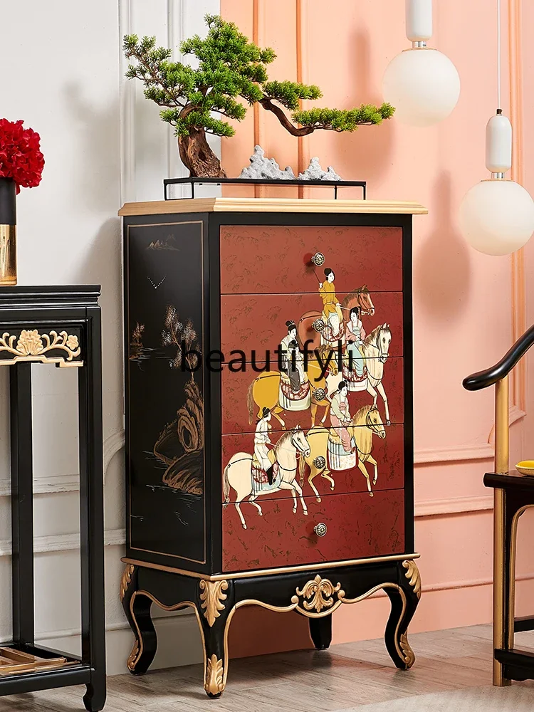 New Chinese retro French red solid wood bedroom five buckets storage drawers sofa corner high vertical cabinet