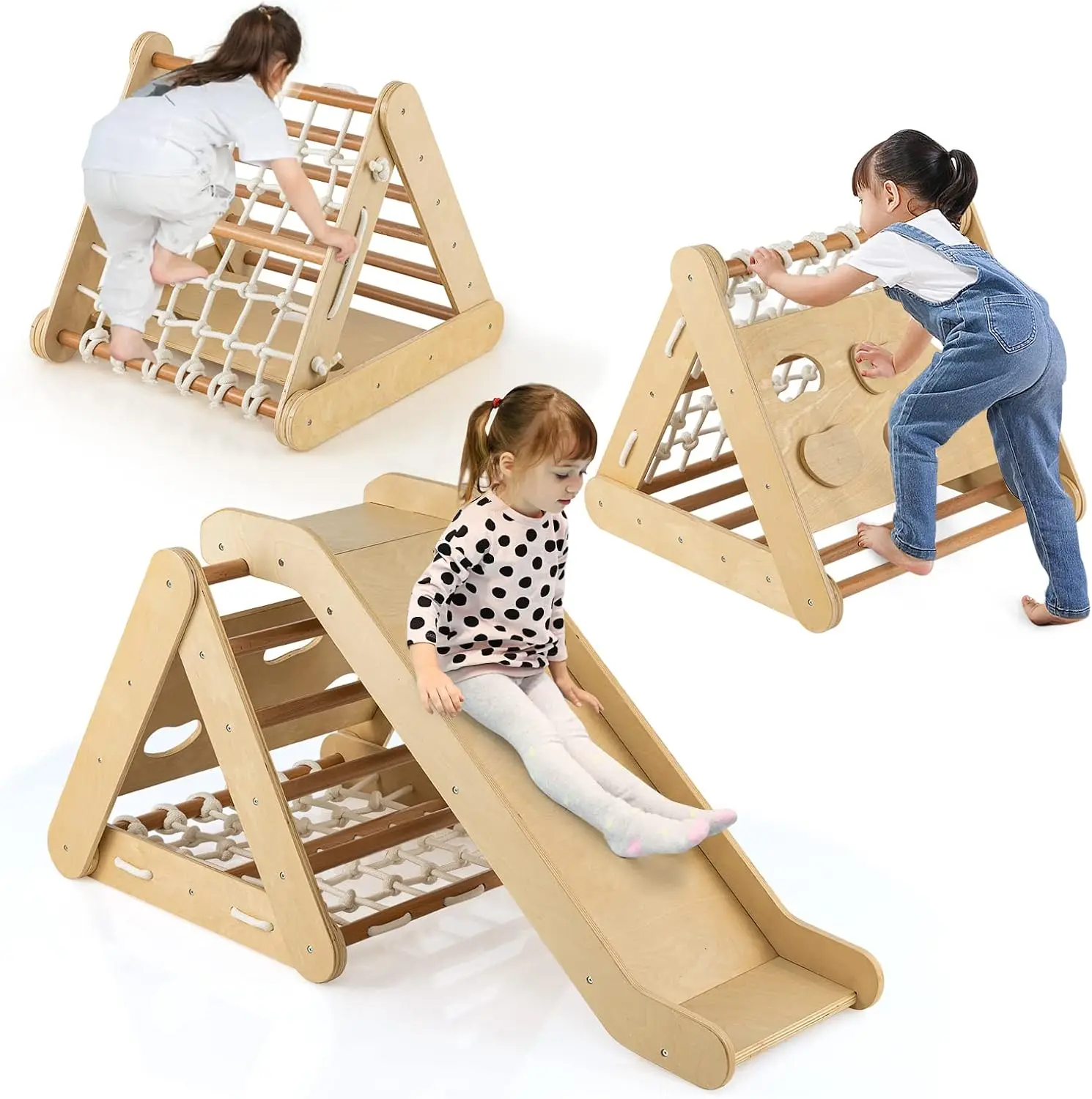 

4-in-1 Climbing Triangle w/Ramp, Climbing Toy Set with Rope Wall, Climbing Rock & Climbing Ladder, Fun Slide, Indoor & Outdoor F