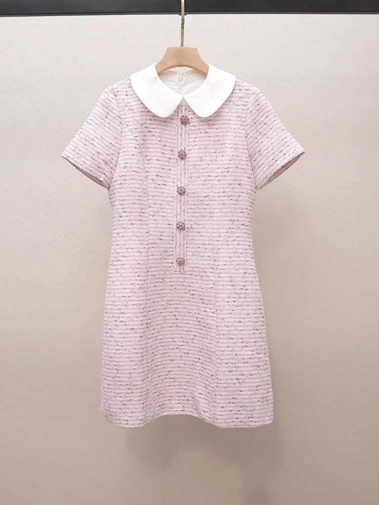High End Women's Spring New Item  A Sweet Pink Doll Neck Textured Striped Short Sleeved Dress Made of Gold