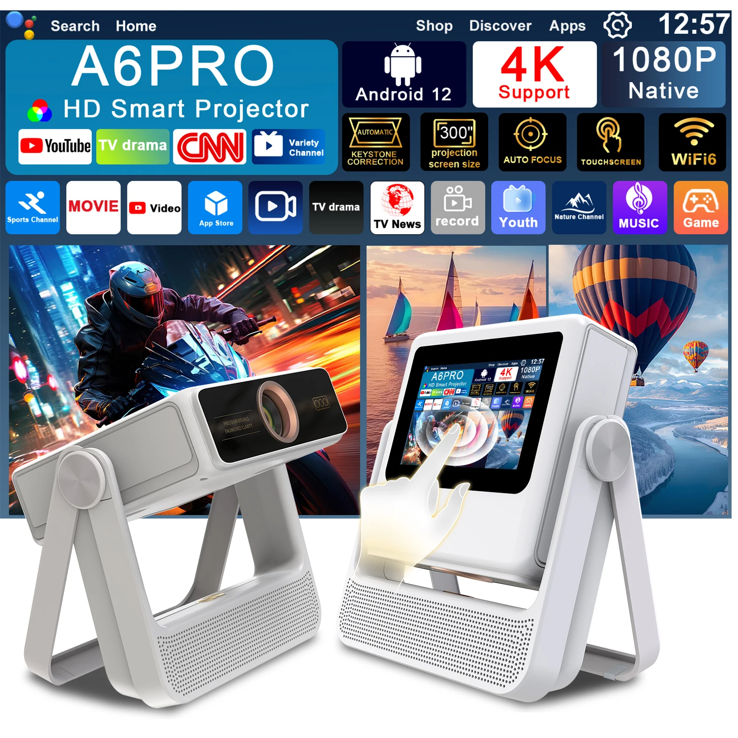 

Indoor Portable Sports Projector Built-in BT Speaker 1080P 4K iOS Android Sync For Office & Family Party