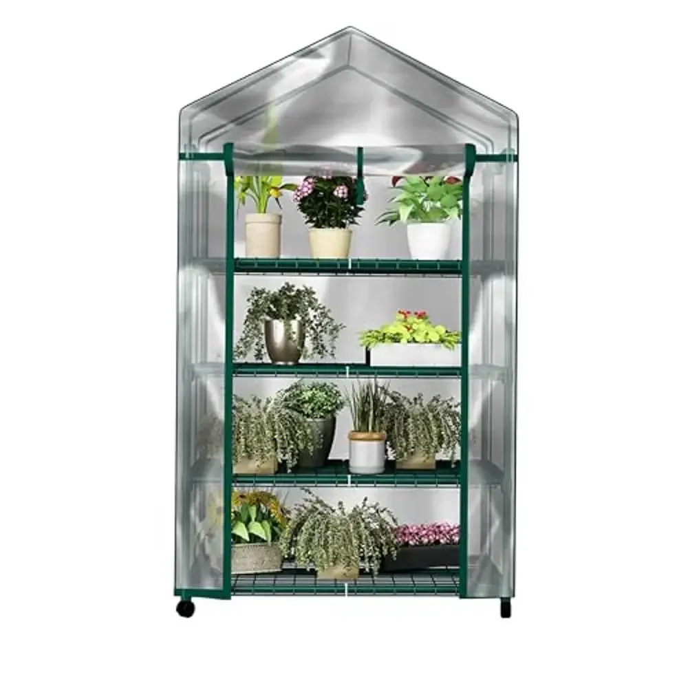 Portable Mini Greenhouse with Locking Wheels and PVC Cover Indoor Outdoor Gardening 4 Tier 27 x 19 x 63-Inch Green House