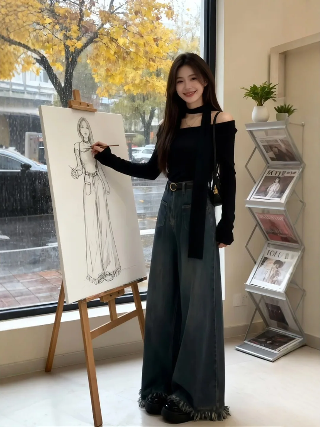 

plus Size Casual Korean Style Two-Piece Set Women's Long Sleeve One-Shoulder Top And Jeans Slimming Effect for plus Size Women