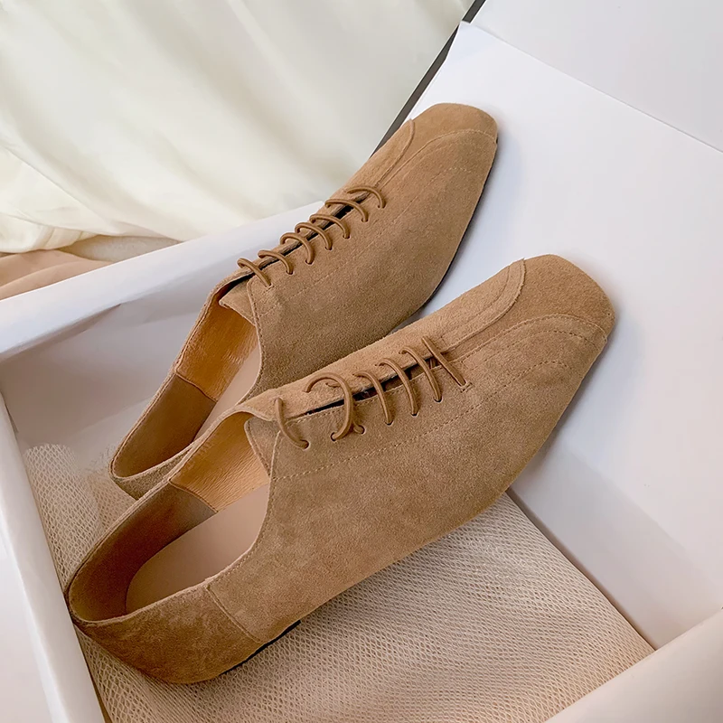 

British Style Retro Full Genuine Leather Casual Flats Women Square Toe Kid Suede Fashion Loafers Oxford Shoes Spring Autumn New
