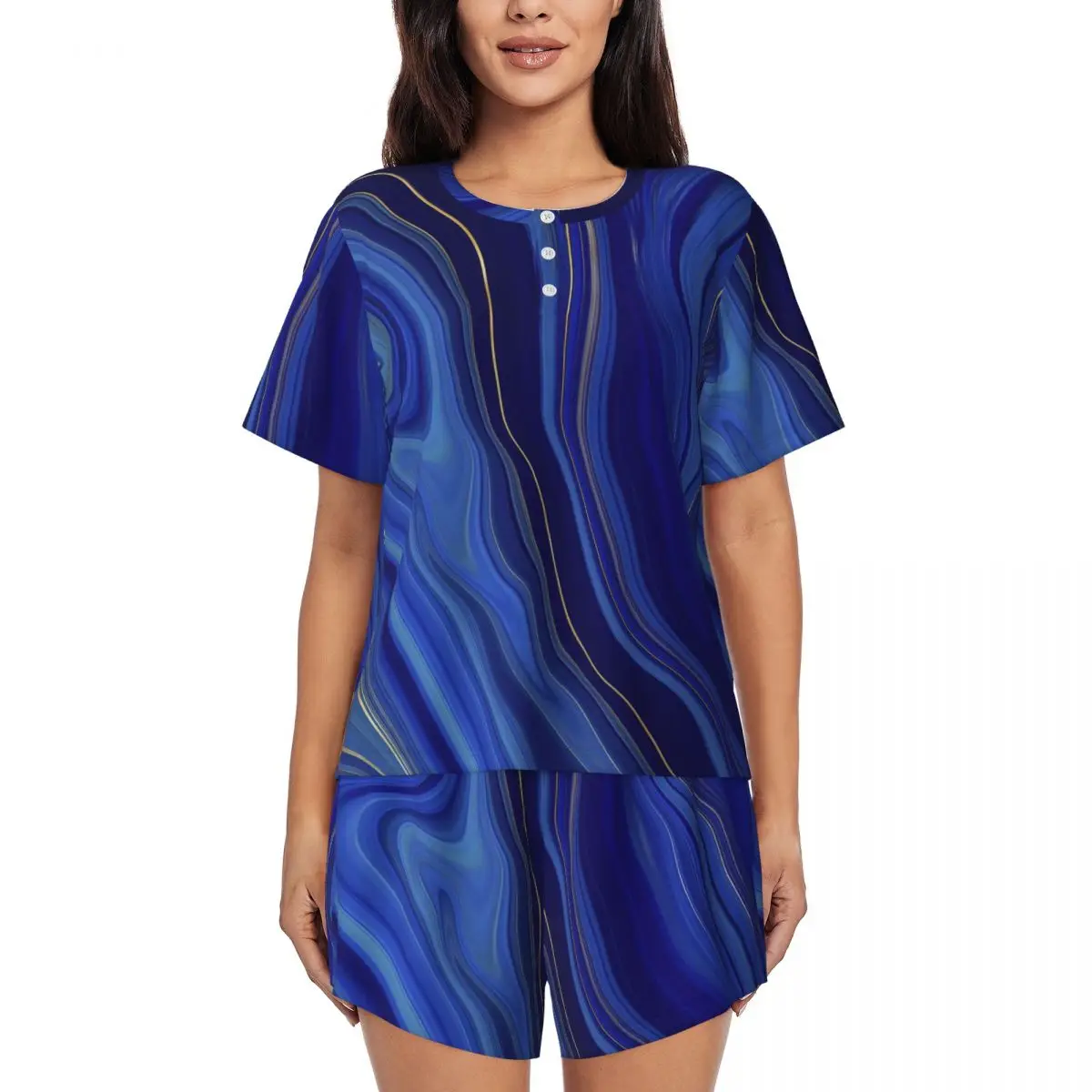 Abstract Marble Pajamas Women Blue Liquid Trendy Nightwear Summer Short Sleeves 2 Piece Aesthetic O Neck Graphic Pajamas Set