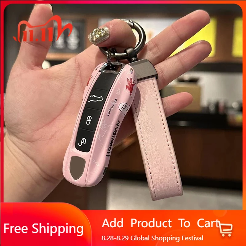 

Interior Stickers Key Case Cherry Pink For Porsche Macan 911 Panamera 718 Cayenne Car Key Protective Shell Remote Fob Cover Repl