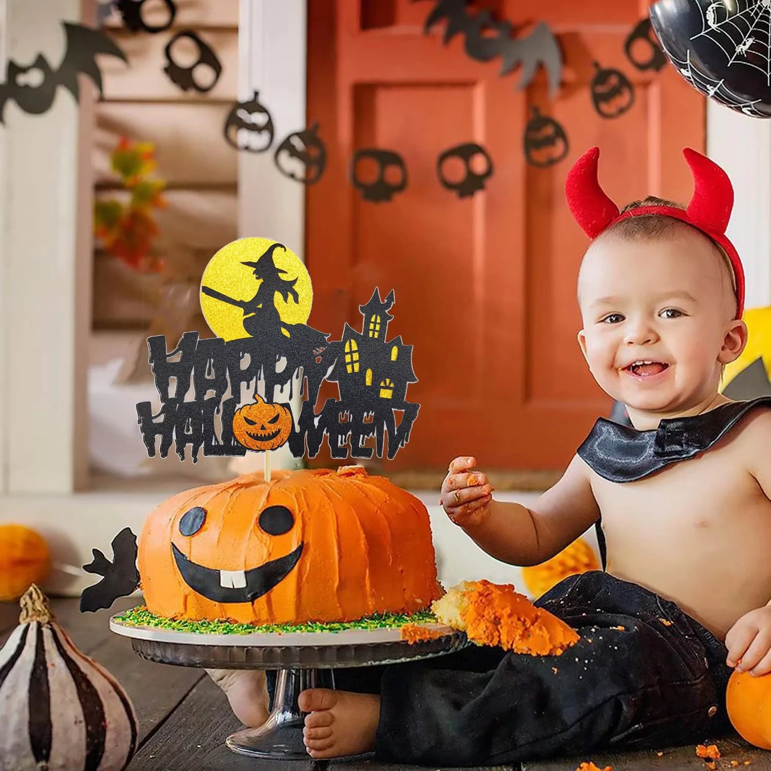 Baking DIY Party Decoration Supplies,Happy Halloween Cake Topper Flags Black Witch Castle Pumpkin Cupcake and Cake Topper view 6