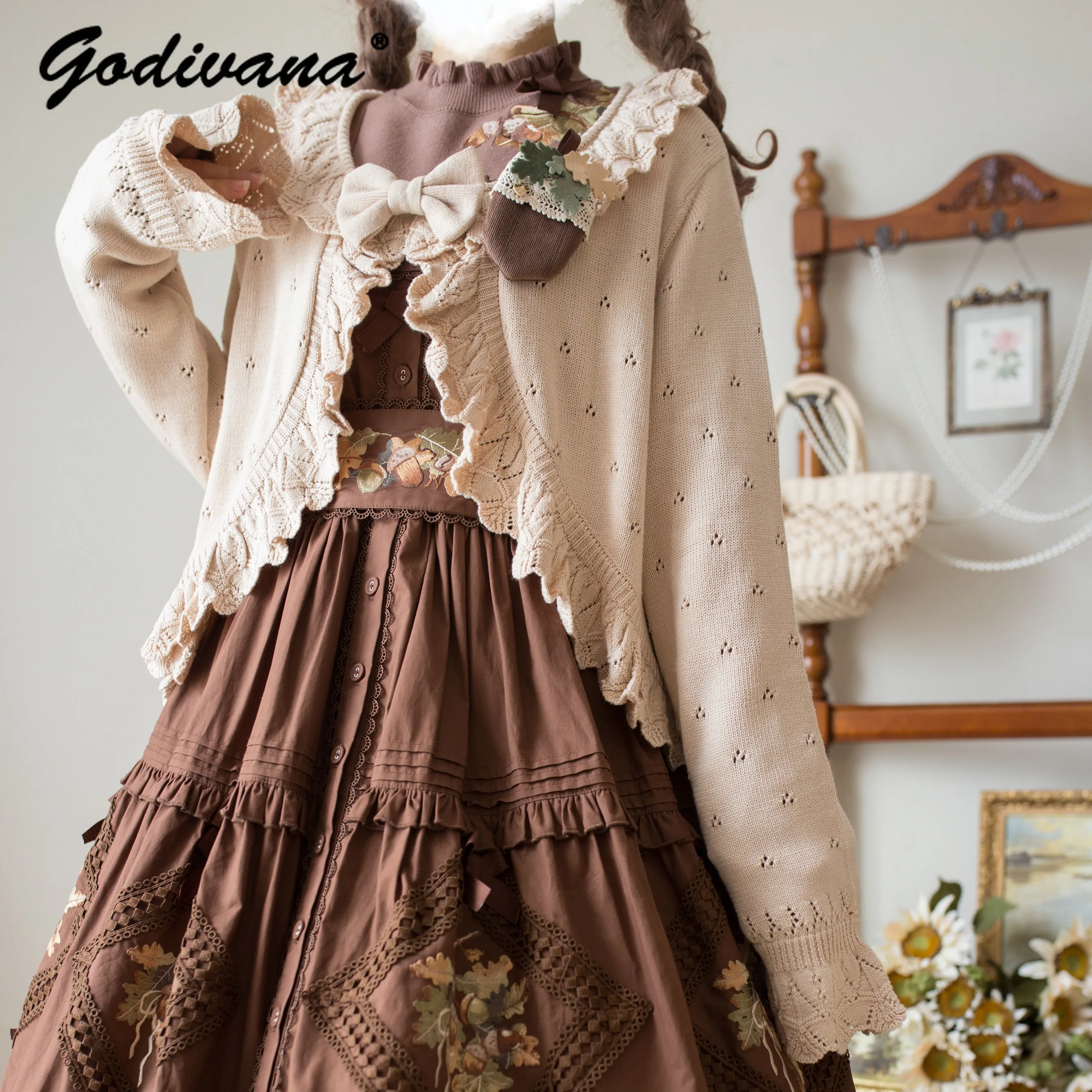 Lolita Sweater Cardigan New Autumn Female Girls Vintage Cute Bow Long Sleeve Solid Color Knitted Cardigan Coat Loose Jacket