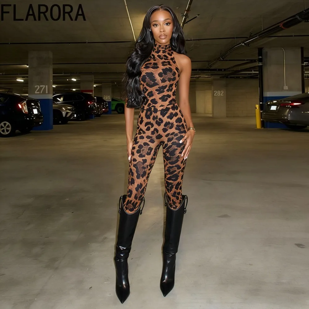 

FLARORA Sexy Leopard Print 2 Piece Sets Woman Hottie Round Neck Sleeveless Bodysuits And Skinny Pants Midnight Party Clubwear