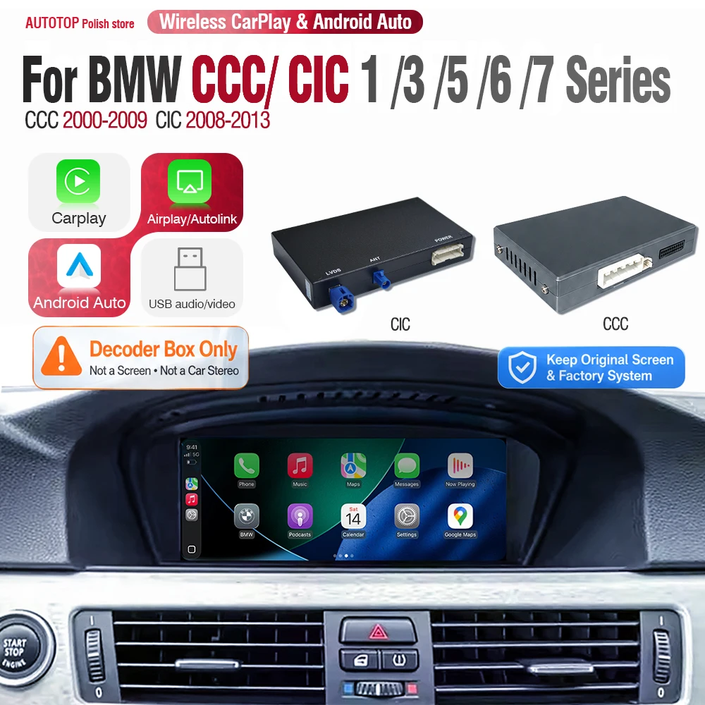 Boîtier décodeur sans fil AUTOTOP CarPlay Android Auto pour BMW CCC CIC iDrive Séries 1 3 5 6 7 E81 E82 E87 E88 E90 E91 E92 E93 E60 E61 E70 E71 E84 F20 F30 F10 X1 X5 X6 Interface de rétrofit pour écran d'origine AirPlay MirrorLink Bluetooth AUX USB Module automobile