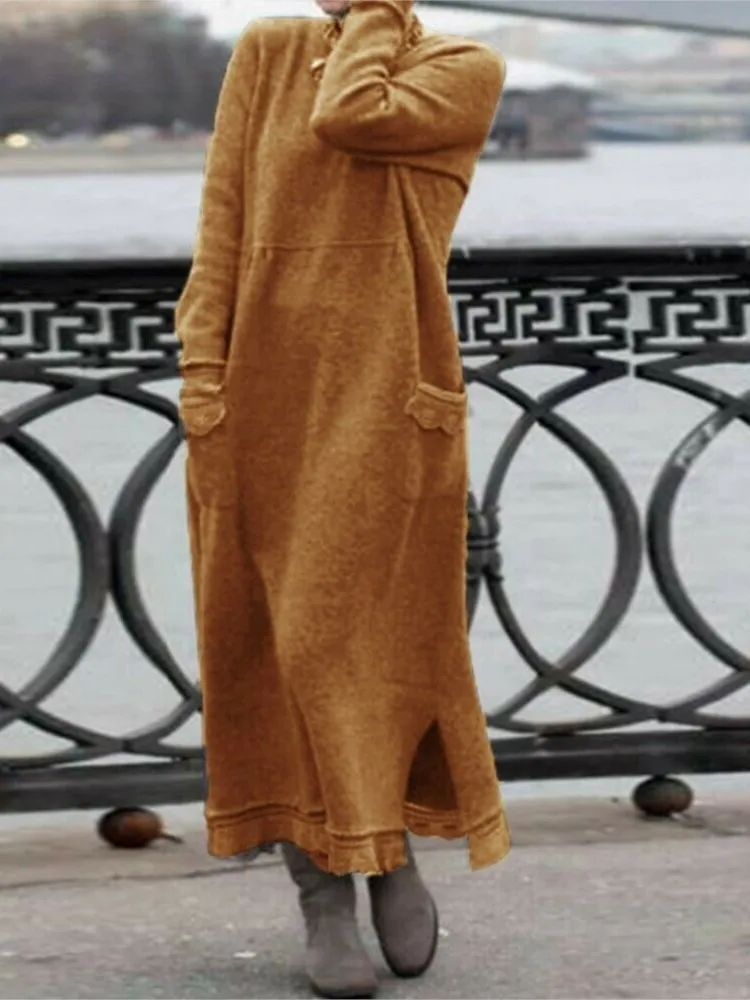 

New Autumn Women's Solid Color Loose Large Knitted Lace Long Dress With Velvet Hoodie Pocket For Casual Comfort