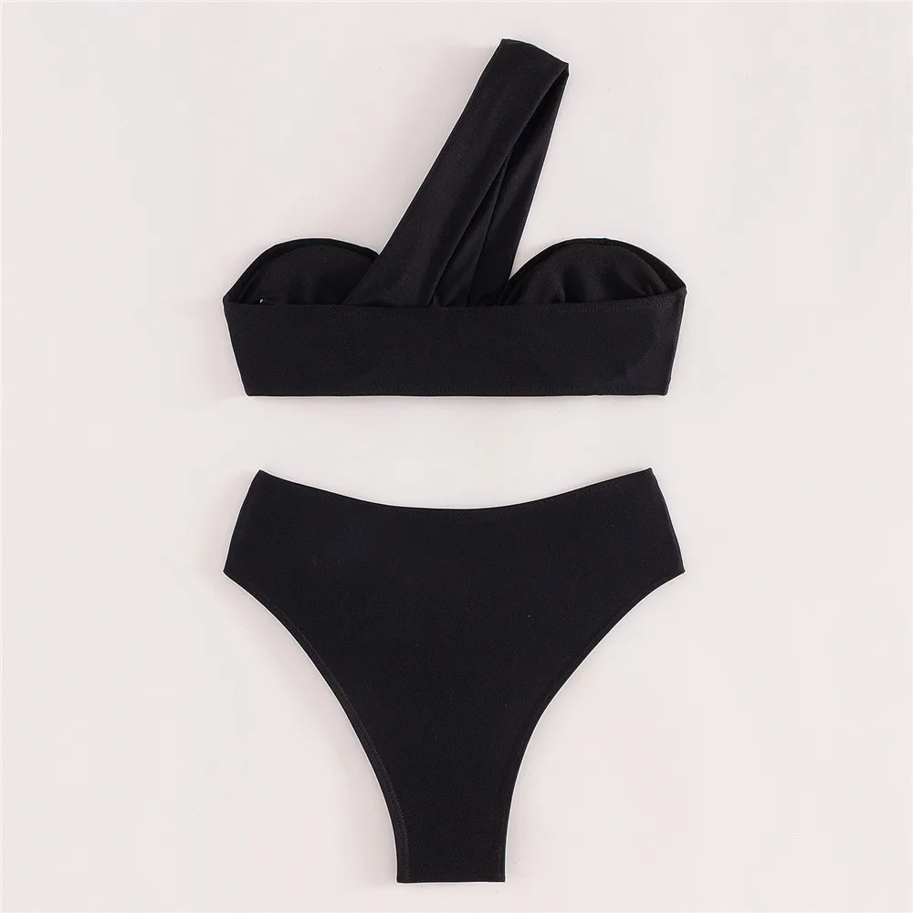 Conjunto de Bikini negro de cintura alta para Mujer, bañador Bandeau de un hombro, traje de baño Sexy, Bikinis brasileños para Mujer 2024