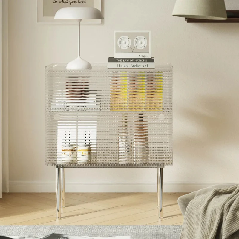 custom.Smoke Gray Fluted Acrylic Storage Cabinet - 2-Drawer Design with Metal Living Room, Coffee Bar & Home Organizati