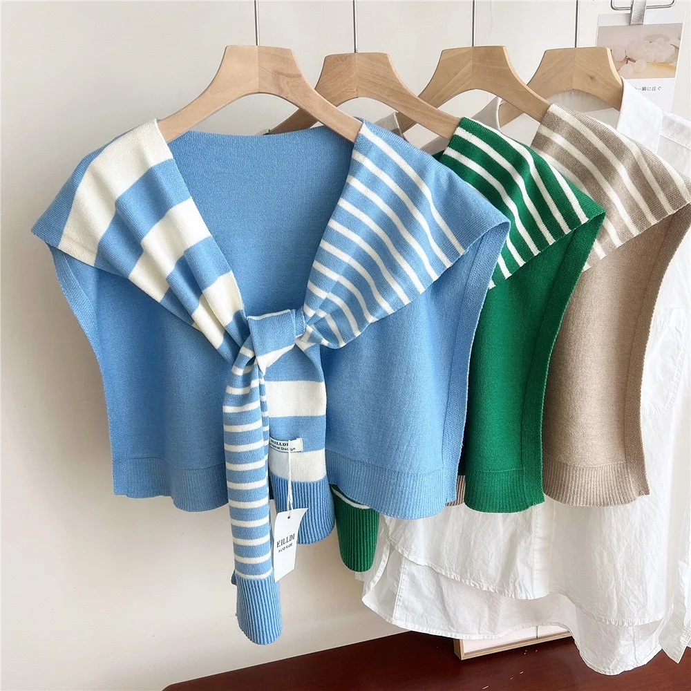 Korean Striped Line Knitted Shawl Summer Air Conditioning Fake Collar Neck Guard Knit Thin Knotted Cape Shoulder Scarf For Women