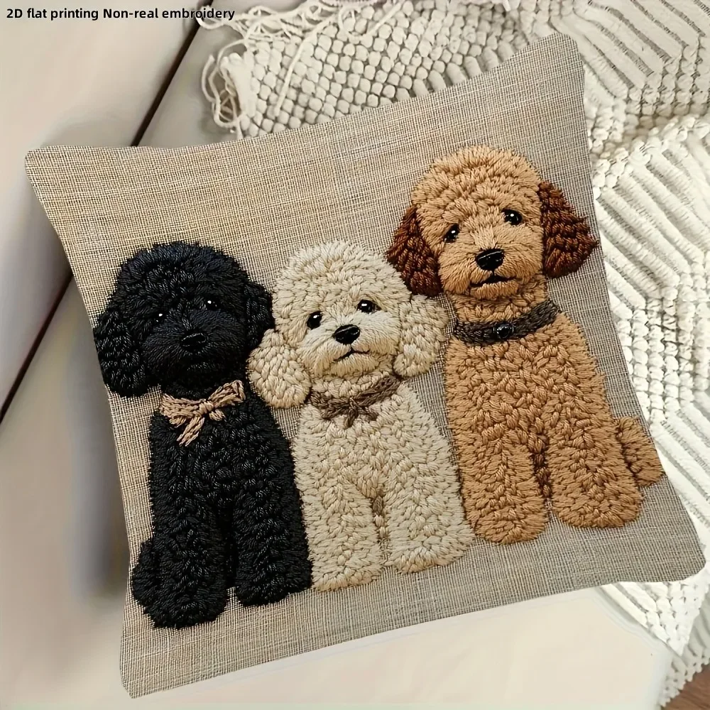 VIKAMA Adorable 2D Flat-Printed Non-Real Embroidered Dog Pillowcase Sofa Cushion Cover, Home Room Dormitory Decoration