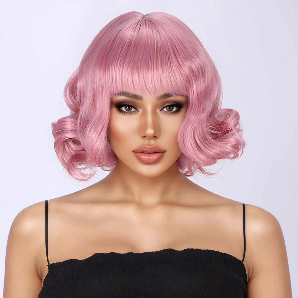 Japanese Harajuku style super cute Lolita wig fashionable pink short curly hair with bangs wig-Synthetic fiber wig