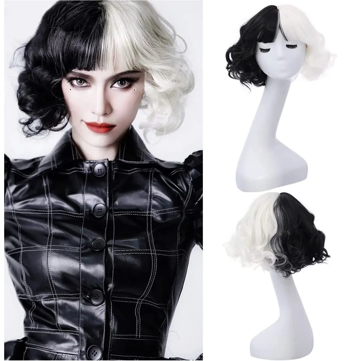 Kurze, halb schwarze und halb weiße Perücke, 12 Zoll, lockige, gewellte, schulterlange, pastellfarbene synthetische Cosplay-Perücke