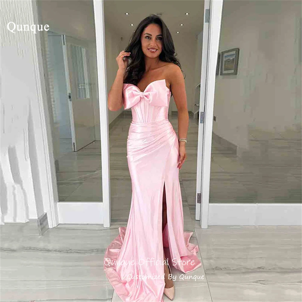 

Qunque Elegant Pink Bow Evening Dresses Sweetheart Satin Robe De Soirée Femme Draped Side Slit Vestidos Para Mujer Customized