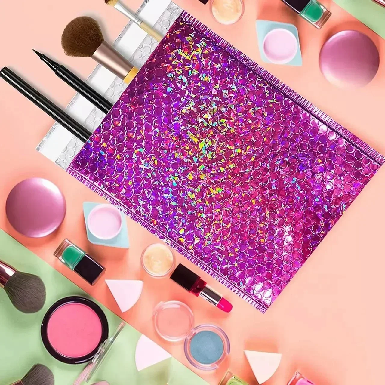 50Pcs Holographic Bubble Mailer Rose Red Mailing Envelope Waterproof Courier Bag Padded Bubble Envelopes Pack Bag for Shipping