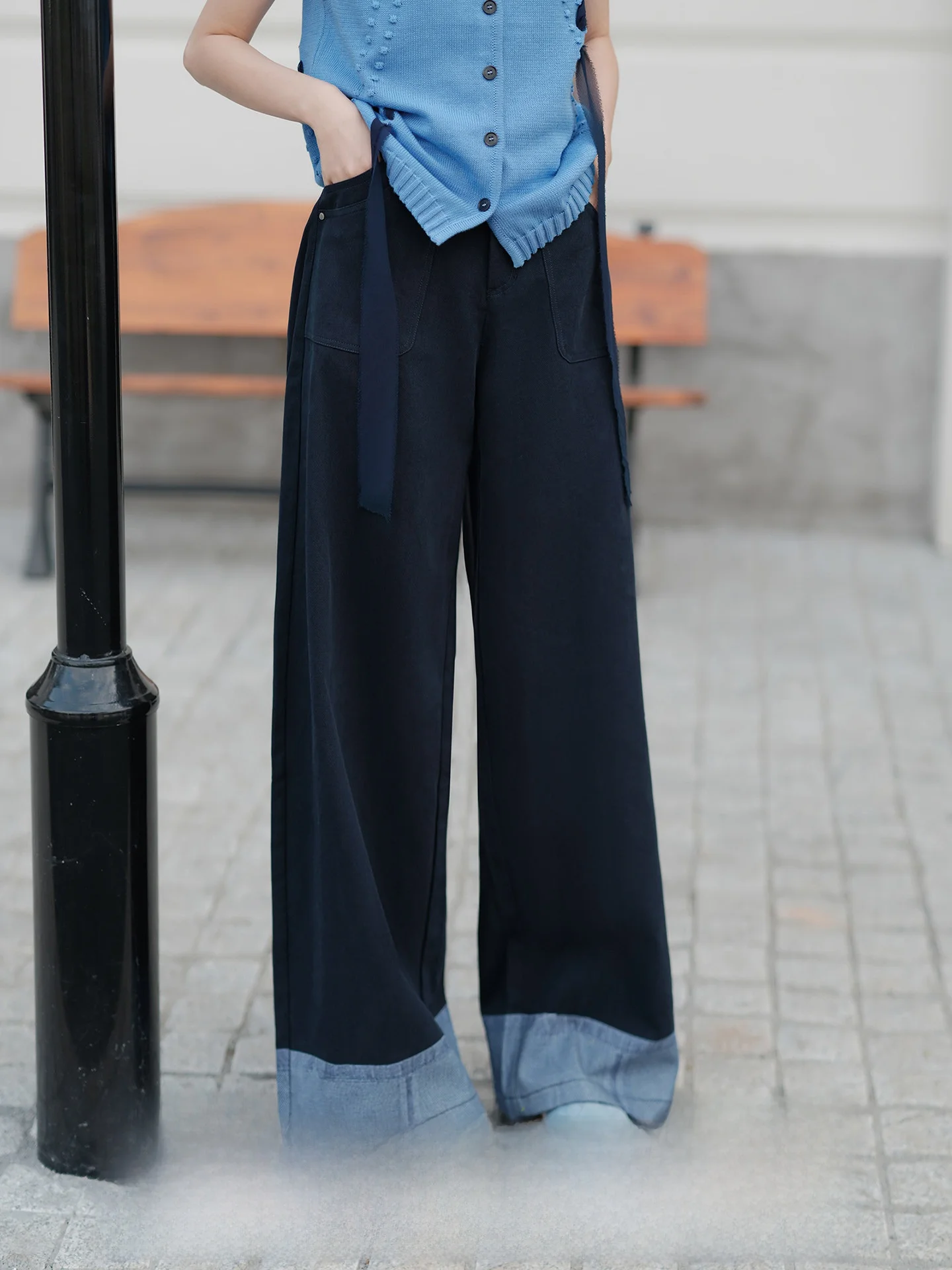 

High Waist Wide Leg Denim Jeans Women's Summer Design Sensation Drapey Floor-Length Pants Versatile Splicing Breathable Cotton