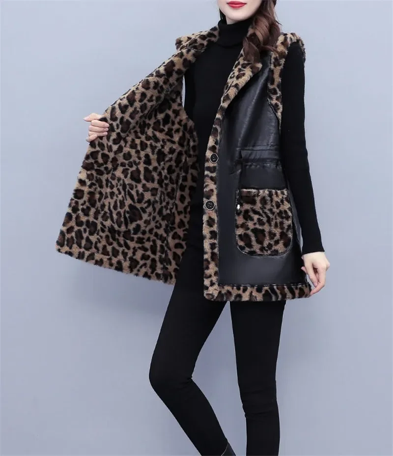 High-End Design Rabbit Plush Leopard Vest Female Autumn Winter Women\'s Leather Waistcoat Jacket Mid-Length Thick Faux Fur Coat