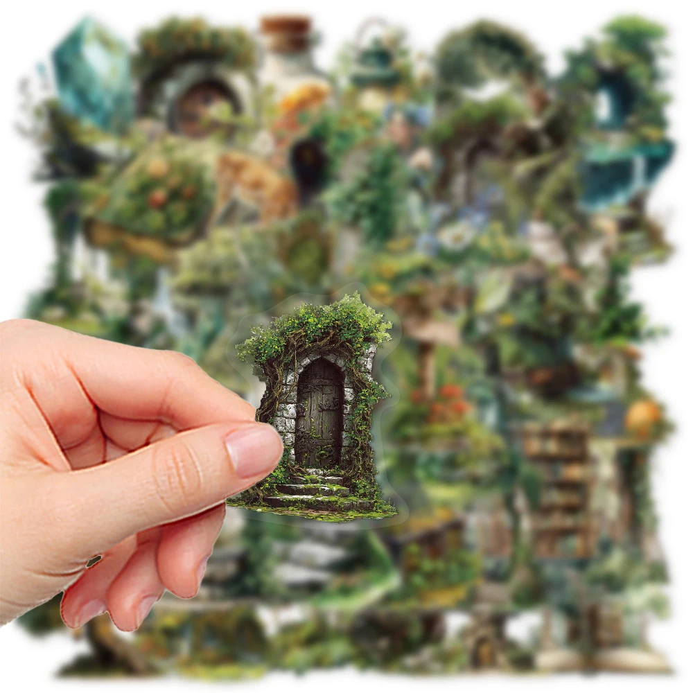 

10/30/50pcs Green Magic Forest Theme Stickers Retro Aesthetic Landscape Sticker DIY Luggage Laptop Phone Transparent Decals Pack