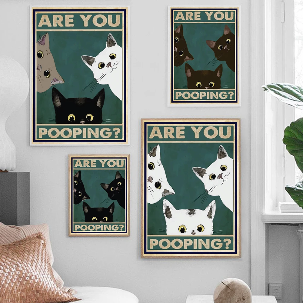 1pc frameless Canvas Painting Are You Pooping Bathroom Wall Poster,Funny Quote Canvas Print,Cute Black White Cat Art,Retro Paint