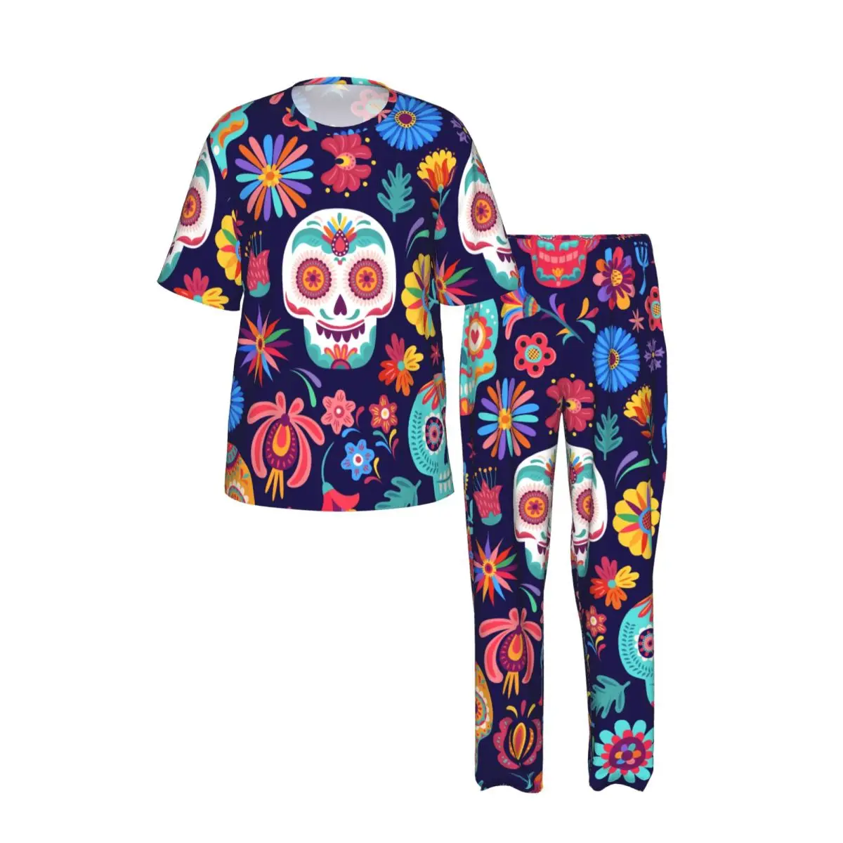 Sleepwear Summer Spring Home Clothes Mexican Sugar Skulls Day Of The Dead Short Sleeve Long Pant Nightwear