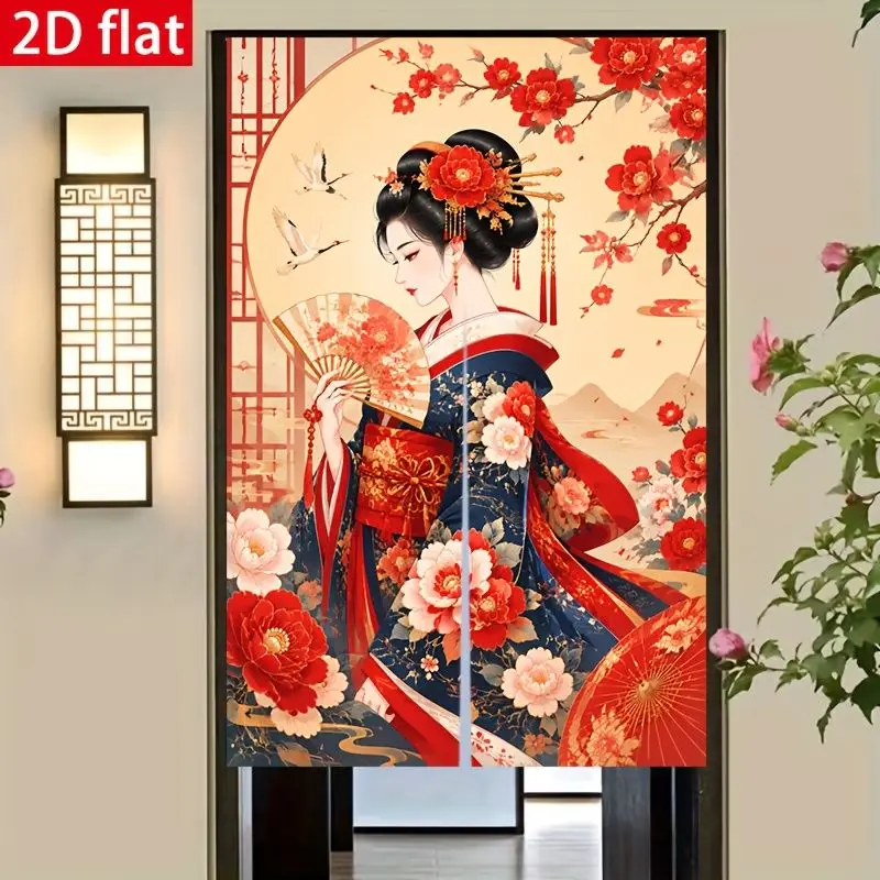 VIKAMA Oriental Japanese Geisha Noren Door Curtain Kimono Peony Crane Half Doorway Curtain for Kitchen Bedroom Home Room Decor