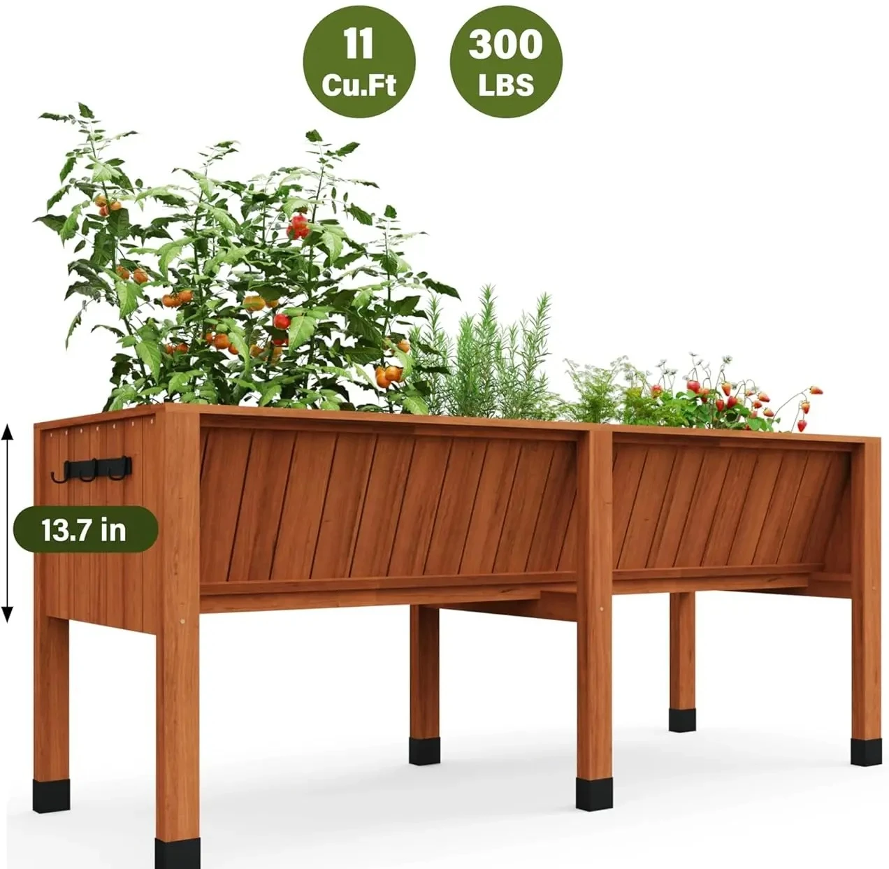 Macetero Rectangular con Patas para Flores y Vegetales,Jardinera Elevada de Madera con Ganchos para Herramientas