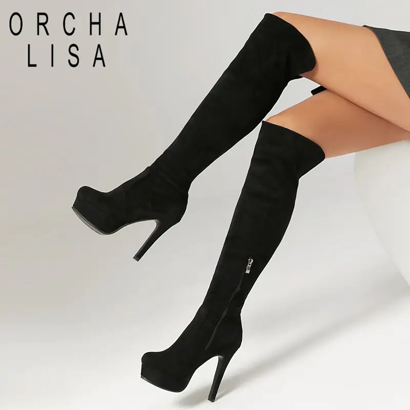 

ORCHA LISA 2025 Sexy Stretch Women's Boots Round Toe 12cm Thin Heels 3cm Platform Zipper Large Size 44-46 Party Thigh Bota Sale