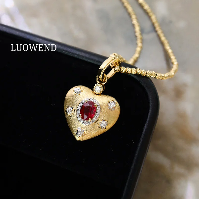 

LUOWEND, 100% 18-каратное желтое золото, романтический кулон в форме сердца, блестящий бриллиант, натуральный рубин, кулон-подвеска для женщин, изысканные ювелирные изделия