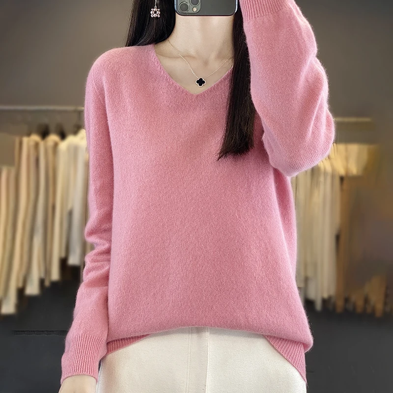 Maglioni basic casual con scollo a V da donna Top maglione autunno inverno solido caldo pullover lavorato a maglia a maniche lunghe da donna 2024