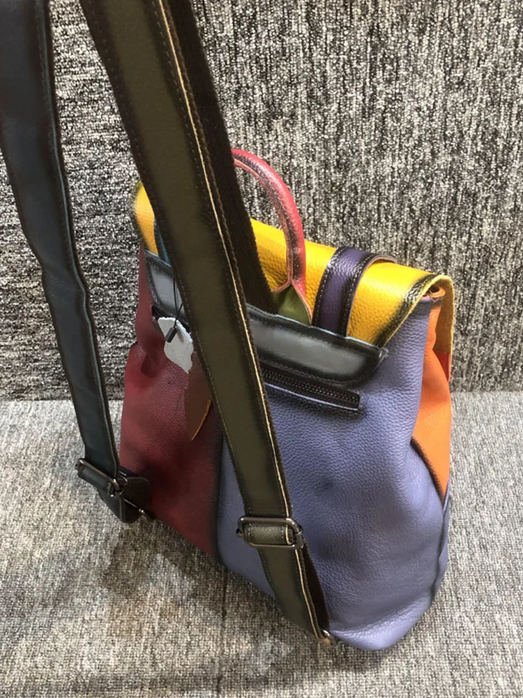 Colori a pannelli Design zaino Harajuku in vera pelle Unisex borsa da scuola per studenti da donna zaini da viaggio Casual Vintage da strada