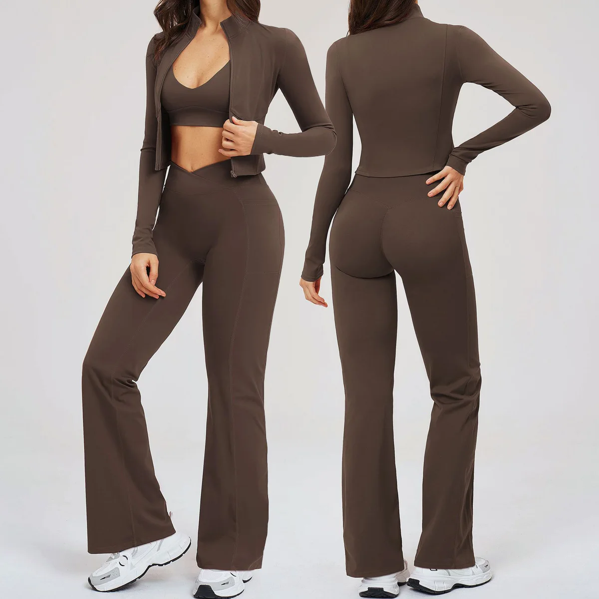 3 PCS Yoga Set Sports Long Sleeve Jacket Fitness Tracksuit Sports Bra High Waist Flared Leggings Sportswear Outfit Gym Clothes