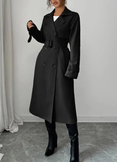 

Women's Elegant Trench Coat Structured Fabric with Double Breasted Detail Lapel Collar Long Sleeved Trench Coat