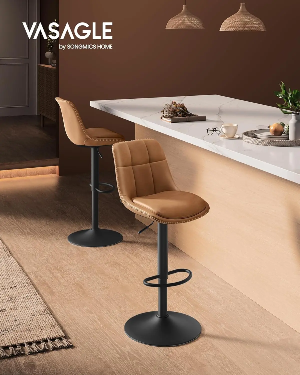 2 Taburetes de Bar, Sillas Altas Giratorias Regulables en Altura, Acolchado PU, Sillas de Cocina con Respaldo y
