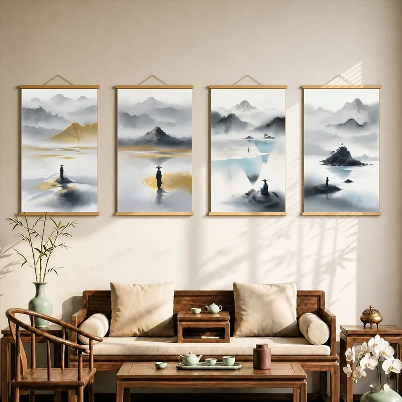 Wall Art Figures Walking through Misty Mountain Water, Zen Minimalism Pearlescent Canvas Wall Hanging Scroll for Meditation Nook