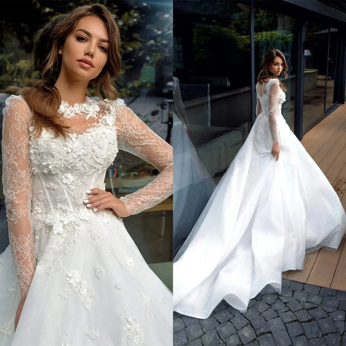 Elegant White A-Line Lace Bead Decal Women's Sexy Round Neck Long Sleeved Ballroom Bride Dress Vestido De Novia Boda Customized