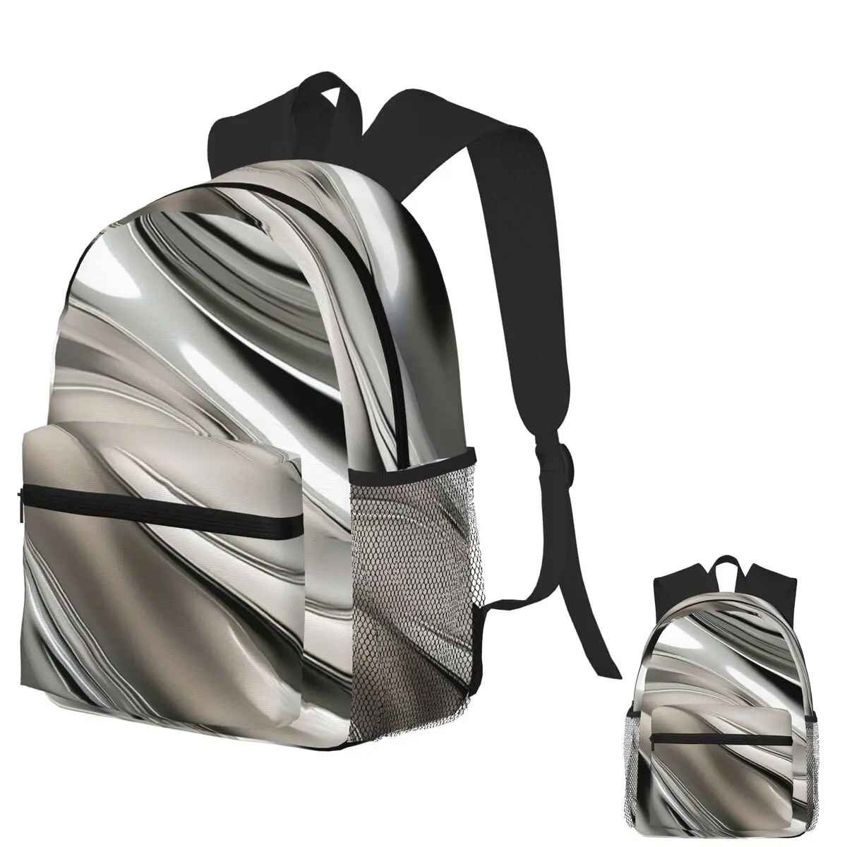 

Silvery Hues Shiny Metallic Looking Futuristic Abstract Art Backpack School Bag Hiking Travel Daypack Bookbag Shoulder Bags
