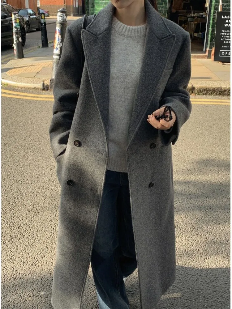Gray Woolen Coat Women's Thick Warm Autumn Winter New Style Korean Style Small Size Tweed Coat Fashionable Streetwear