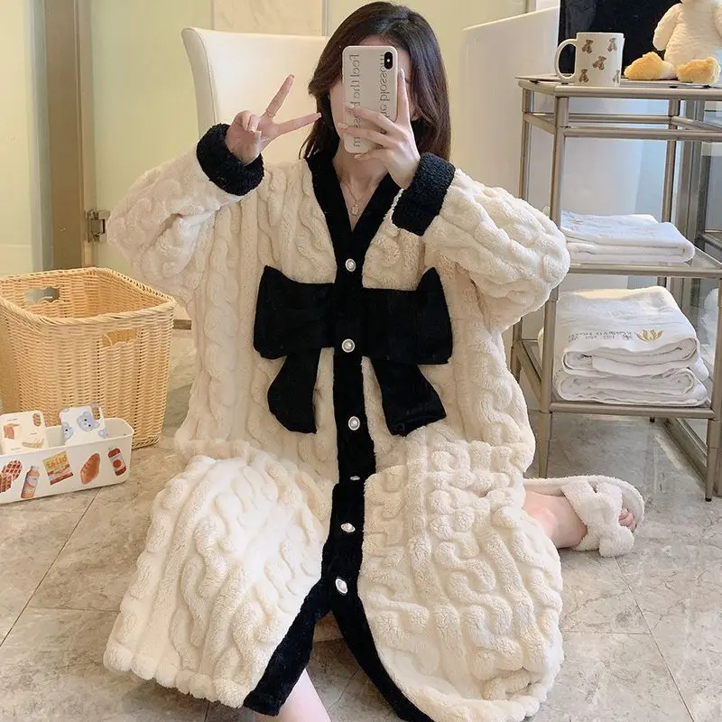 Bow Robe for Women Sleepwear Nightdress Winter Night Wears Warm Fleece Pajama One Piece Nightgown Button Long Sleeve Homewear