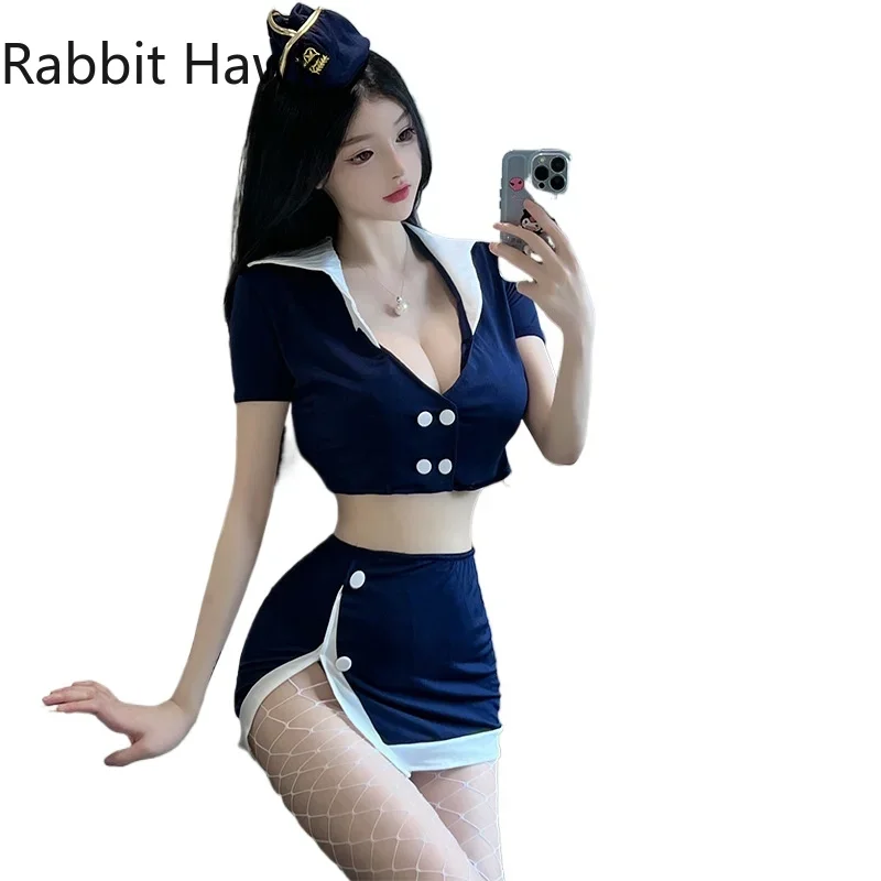 

Flight Attendant Uniform Role Play Flight Attendant Staff Costume Halloween Game Women Korean Girl Group Performance Costume 18+