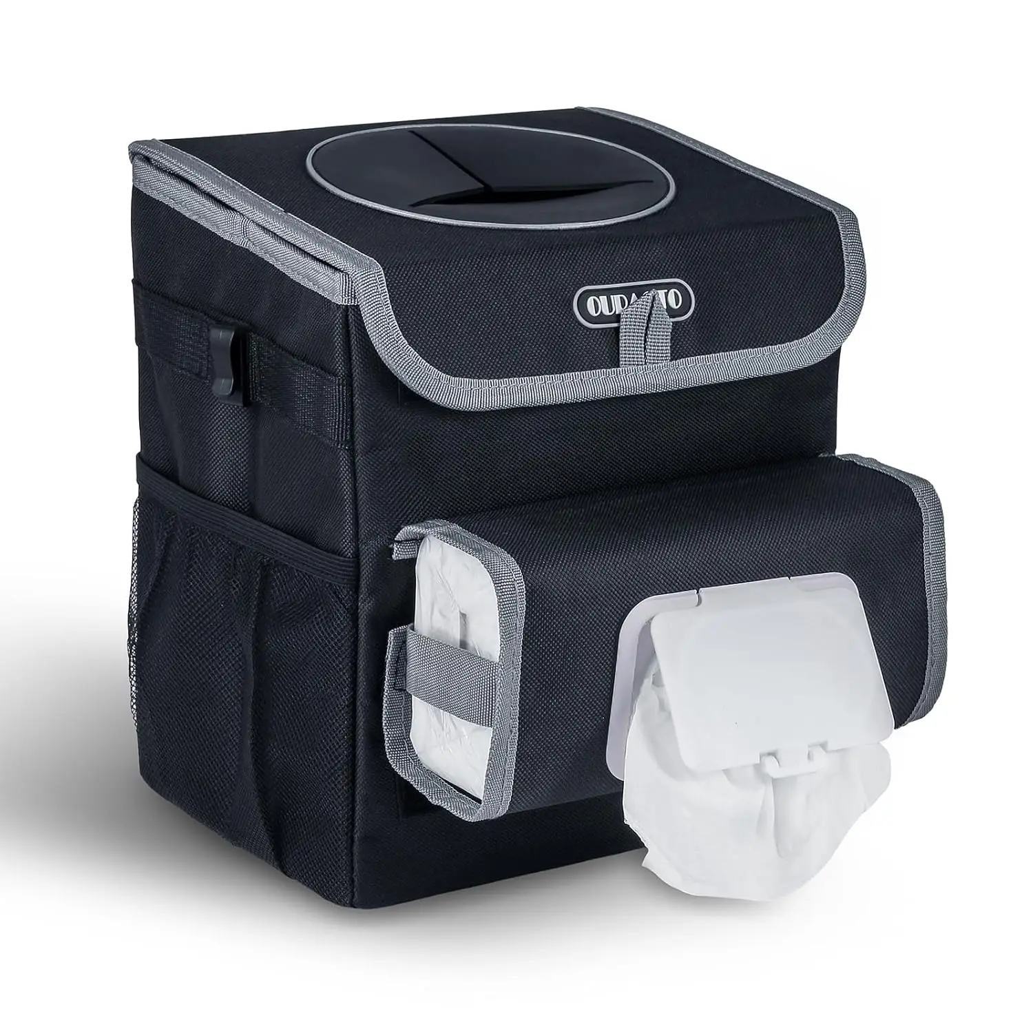 سلة مهملات السيارة مع بطانة مانعة للتسرب وحامل مناديل، 2 جالون، أسود