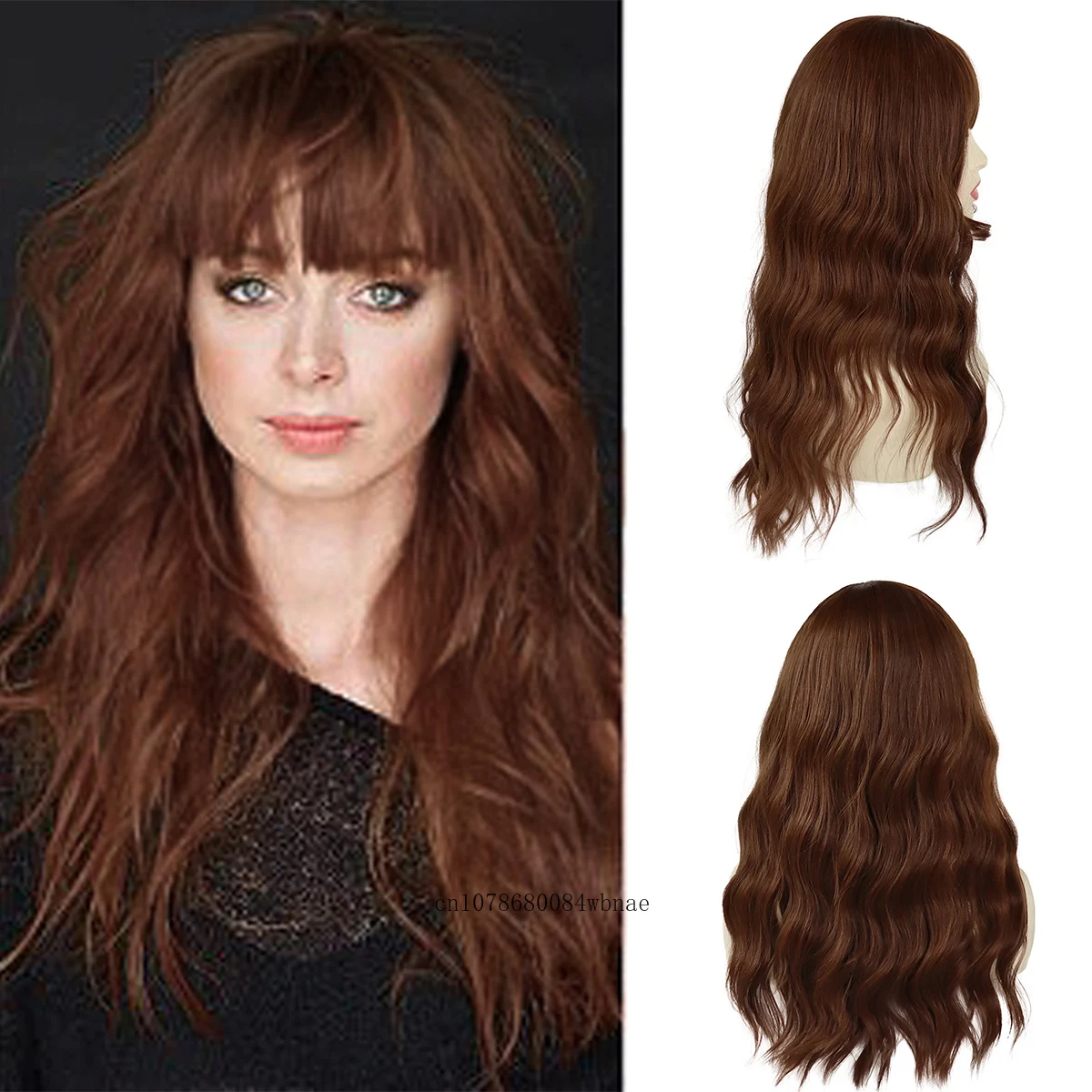 

Long Brown Wig with Bangs Heat Resistant Synthetic Fiber 24 Inch Curly Wavy Wigs for Women Natural Looking Daily Party Costume