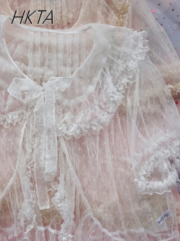 Lolita – chemise en dentelle à manches courtes, maille légère, fine, pour étudiantes, bord feuille de Lotus, ample, douce et mignonne, protection solaire pour femmes